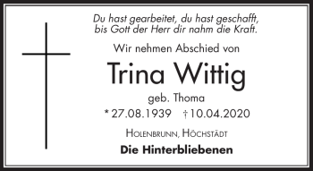 Traueranzeige von Trina Wittig von Frankenpost