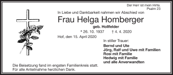 Traueranzeige von Helga Homberger von Frankenpost