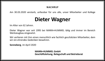 Traueranzeige von Dieter Wagner von Südthüringer Presse