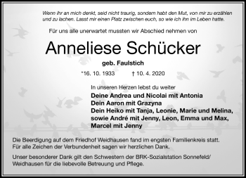 Traueranzeige von Anneliese Schücker von Neue Presse Coburg