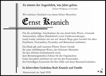 Traueranzeige von Ernst Kranich von Südthüringer Presse