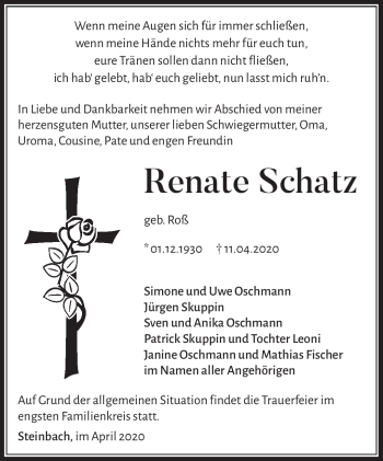 Traueranzeige von Renate Schatz von Südthüringer Presse
