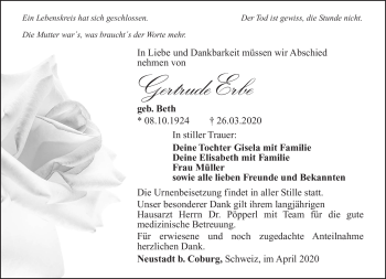 Traueranzeige von Gertrude Erbe von Südthüringer Presse
