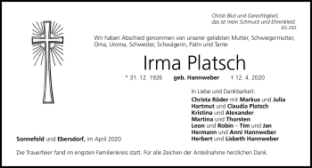 Traueranzeige von Irma Platsch von Neue Presse Coburg