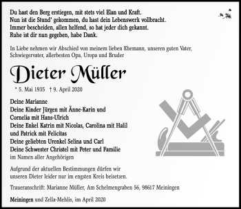 Traueranzeige von Dietrich Müller von Südthüringer Presse
