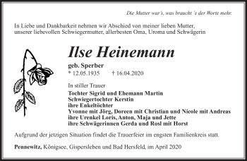 Traueranzeige von Ilse Heinemann von Südthüringer Presse