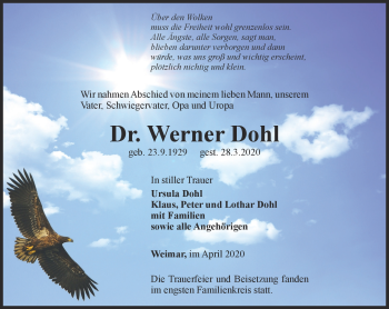 Traueranzeige von Dr. Werner Dohl von Südthüringer Presse