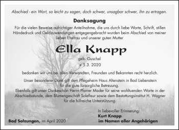 Traueranzeige von Ella Knapp von Südthüringer Presse