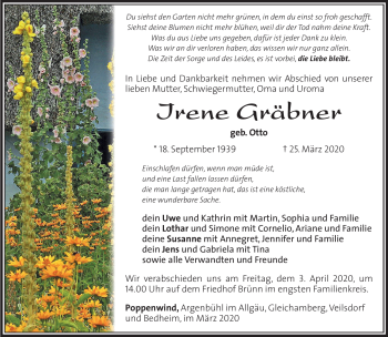 Traueranzeige von Irene Gräbner von Südthüringer Presse