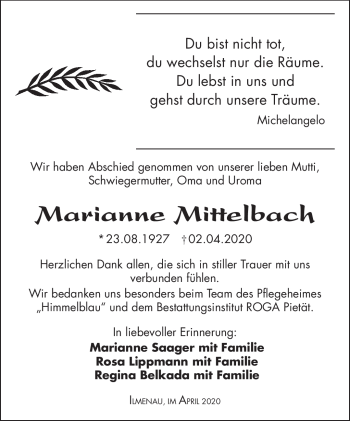 Traueranzeige von Marianne Mittelbach von Südthüringer Presse