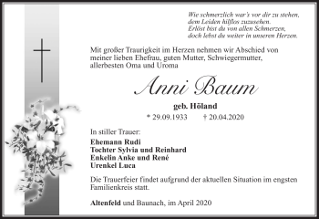 Traueranzeige von Anni Baum von Südthüringer Presse