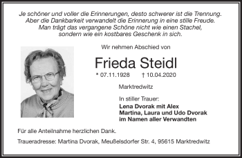 Traueranzeige von Frieda Steidl von Frankenpost