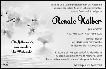 Traueranzeige von Renate Kälber von Südthüringer Presse