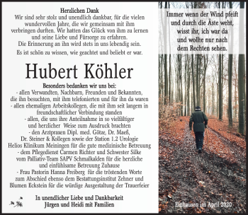 Traueranzeige von Hubert Köhler von Südthüringer Presse