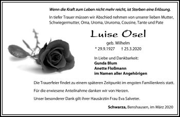 Traueranzeige von Luise Osel von Südthüringer Presse