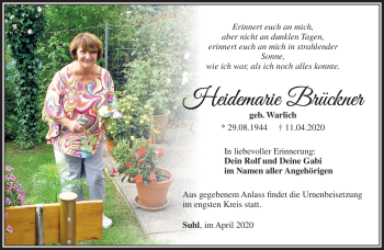Traueranzeige von Heidemarie Brückner von Südthüringer Presse
