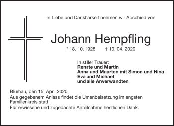 Traueranzeige von Johann Hempfling von Neue Presse Coburg