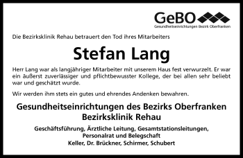 Traueranzeige von Stefan Lang von Frankenpost
