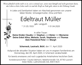 Traueranzeige von Edeltraut Müller von Neue Presse Coburg