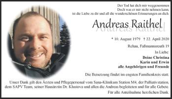 Traueranzeige von Andreas Raithel von Frankenpost