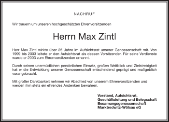 Traueranzeige von Max Zintl von Frankenpost