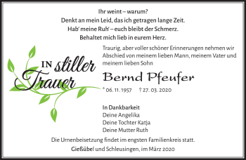 Traueranzeige von Bernd Pfeufer von Südthüringer Presse