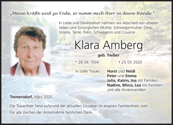 Traueranzeige von Klara Amberg von Neue Presse Coburg