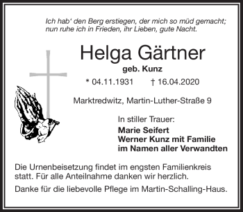 Traueranzeige von Helga Gärtner von Frankenpost