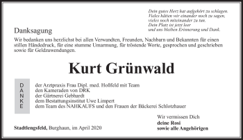 Traueranzeige von Kurt Grünwald von Südthüringer Presse