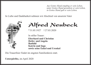 Traueranzeige von Alfred Neubeck von Südthüringer Presse