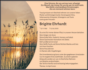 Traueranzeige von Brigitte Ehrhardt von Südthüringer Presse