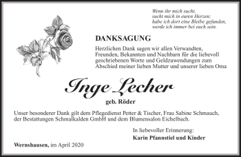 Traueranzeige von Inge Lecher von Südthüringer Presse