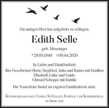 Traueranzeige von Edith Selle von Südthüringer Presse