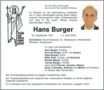 Traueranzeige von Hans Burger von Frankenpost