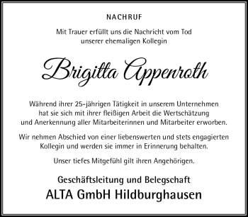 Traueranzeige von Brigitta Appenroth von Südthüringer Presse