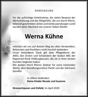 Traueranzeige von Werna Kühne von Südthüringer Presse