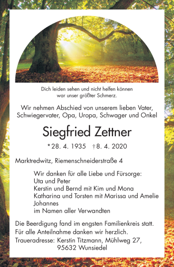 Traueranzeige von Siegfried Zettner von Frankenpost