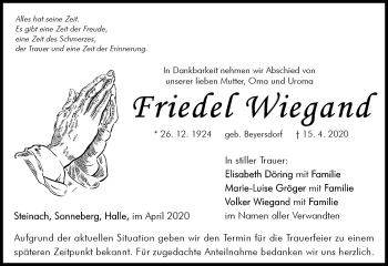 Traueranzeige von Friedel Wiegand von Südthüringer Presse