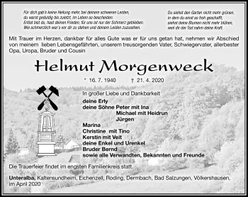 Traueranzeige von Helmut Morgenweck von Südthüringer Presse