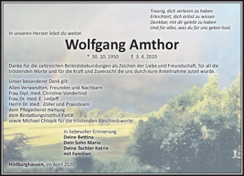 Traueranzeige von Wolfgang Amthor von Südthüringer Presse