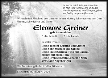 Traueranzeige von Eleonore Greiner von Südthüringer Presse