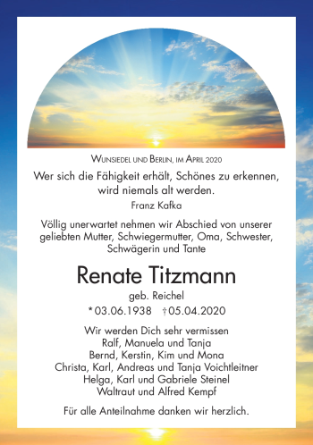 Traueranzeige von Renate Titzmann von Frankenpost