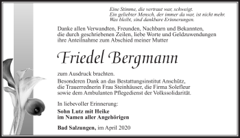 Traueranzeige von Friedel Bergmann von Südthüringer Presse