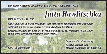 Traueranzeige von Jutta Hawlitschka von Südthüringer Presse