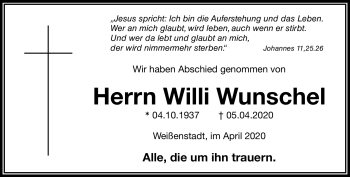 Traueranzeige von Willi Wunschel von Frankenpost