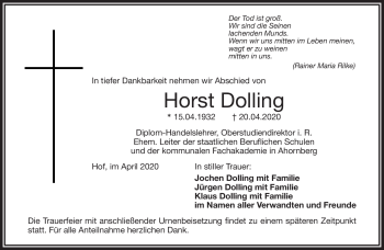 Traueranzeige von Horst Dolling von Frankenpost