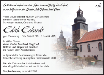 Traueranzeige von Edith Eckardt von Südthüringer Presse