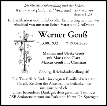 Traueranzeige von Werner Geuß von Neue Presse Coburg