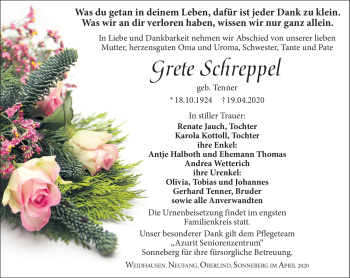 Traueranzeige von Grete Schreppel von Südthüringer Presse