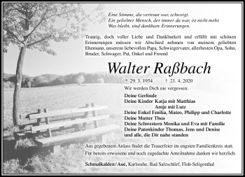 Traueranzeige von Walter Rassbach von Südthüringer Presse